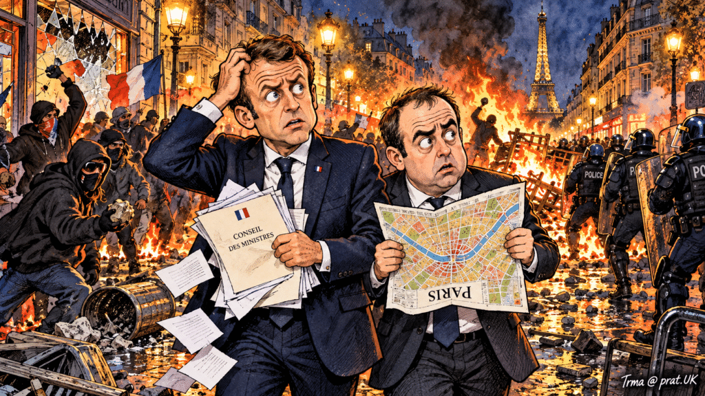 Macron and Lecornu appear confused amid burned barricades, shattered glass and angry protesters ()