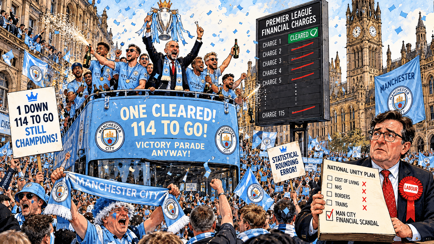 Manchester City Supporters Celebrate Being Cleared of One Charge, Labour Government Announces 114 Failures Now Count as Success