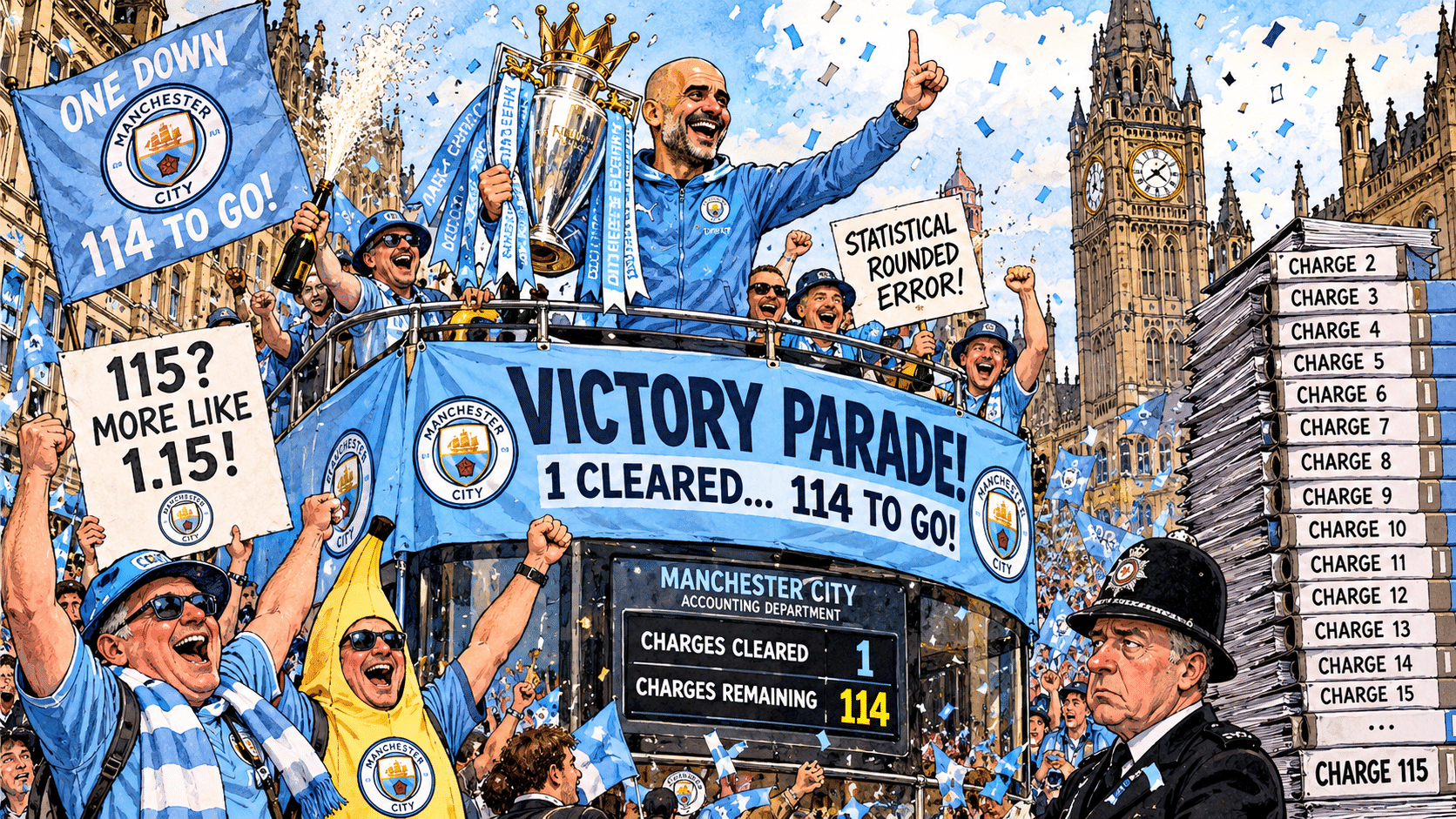 Manchester City Cleared of One Financial Charge, Supporters Declare Remaining 114 a Statistical Rounding Error and Demand Victory Parade Manchester City Cleared of One Financial Charge, Supporters Declare Remaining 114 a Statistical Rounding Error and Demand Victory Parade