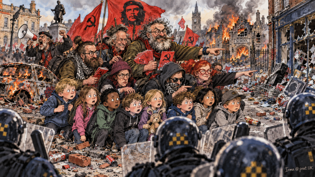 Marxist protesters waving red communist flags while hiding behind frightened schoolchildren () Marxist protesters waving red communist flags while hiding behind frightened schoolchildren ()