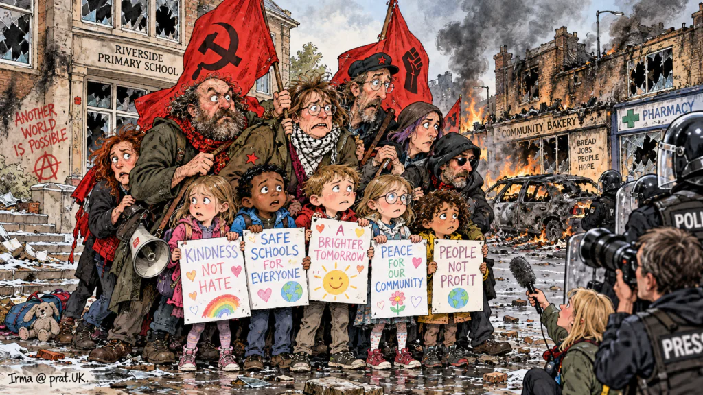 Marxist protesters waving red communist flags while hiding behind frightened schoolchildren ()