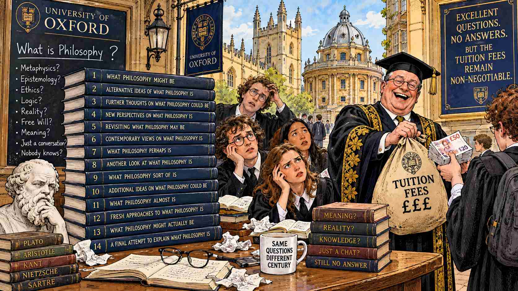 Oxford University Publishes 14 Books Explaining What Philosophy Is, Admits After 2,500 Years Nobody Has Come Up With an Answer, but Tuition Fees Remain Non-Negotiable Oxford University Publishes 14 Books Explaining What Philosophy Is, Admits After 2,500 Years Nobody Has Come Up With an Answer, but Tuition Fees Remain Non-Negotiable