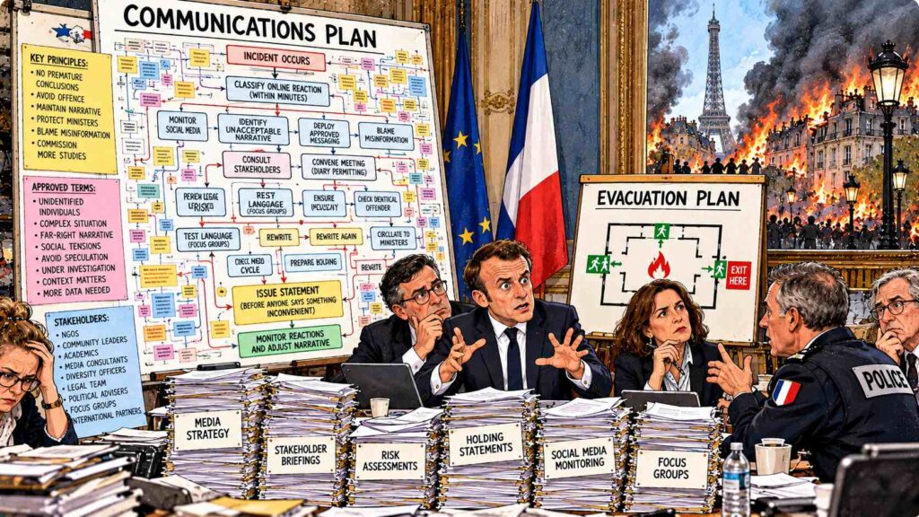 Paris Crisis Paperwork Over Planté Fires A satirical illustration of French socialist politicians holding a stack of emergency communications plans while a school burns in the background, with firefighters waiting for permission to use water