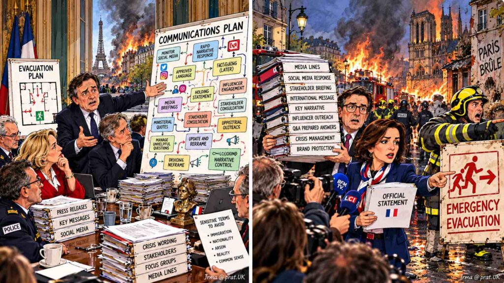 Paris Crisis Plans Amid the Flames A satirical image of French politicians and consultants debating root causes and historical frameworks while a school building is engulfed in flames, with a firefighter and a caretaker looking on in disbelief