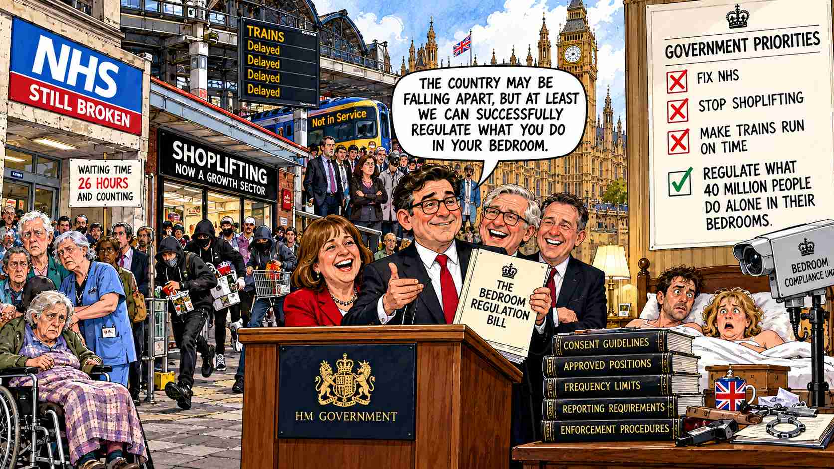 Britain Cannot Fix NHS, Stop Shoplifting or Make Trains Run on Time, But Government Confident It Can Successfully Regulate What 40 Million People Do Alone in Their Bedrooms