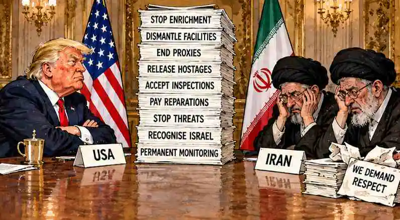 Satirical Trump–Iran Cartoon ()
