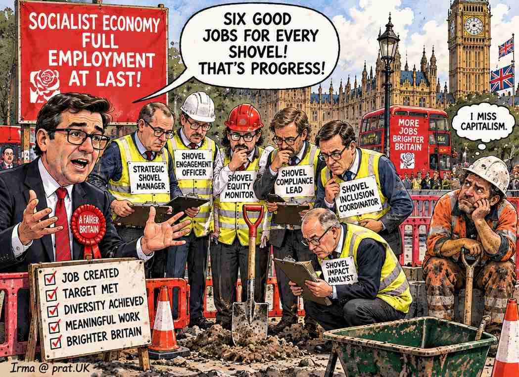 Socialist Economy Achieves Full Employment by Hiring Six Men to Supervise One Shovel