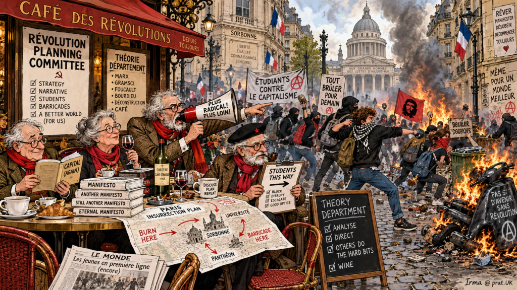 Students in France burnign things but taking orders directiosn from older Marxists