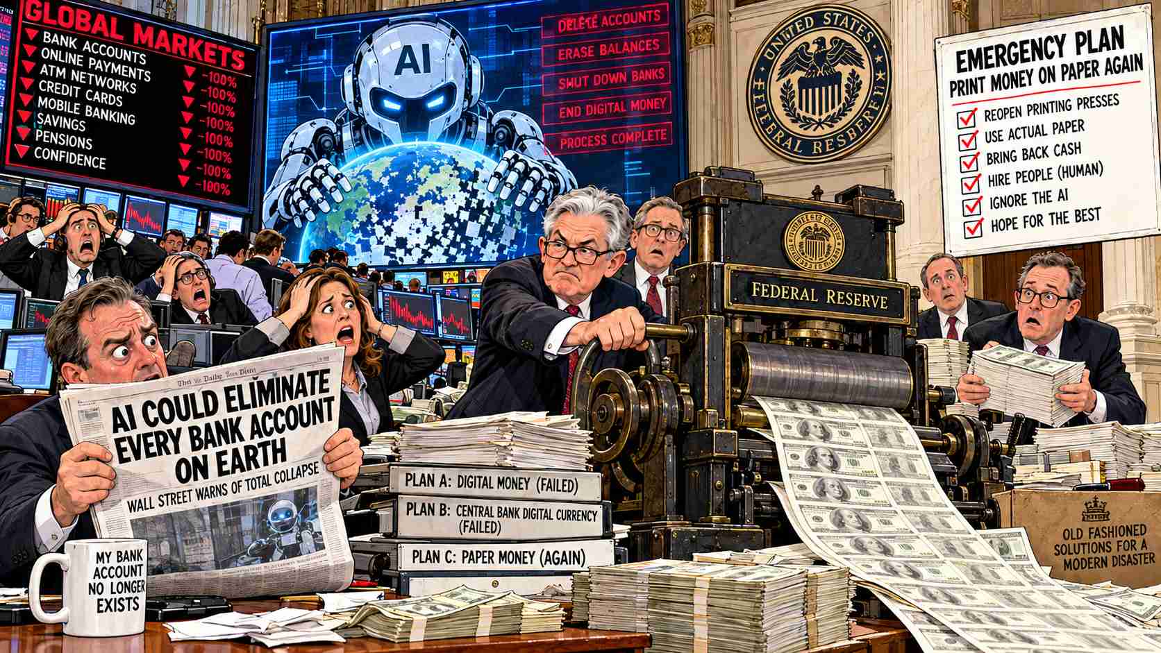 Artificial Intelligence Could Eliminate Every Bank Account on Earth, Wall Street Warns, as Federal Reserve Announces Emergency Plan to Print Money on Paper Again